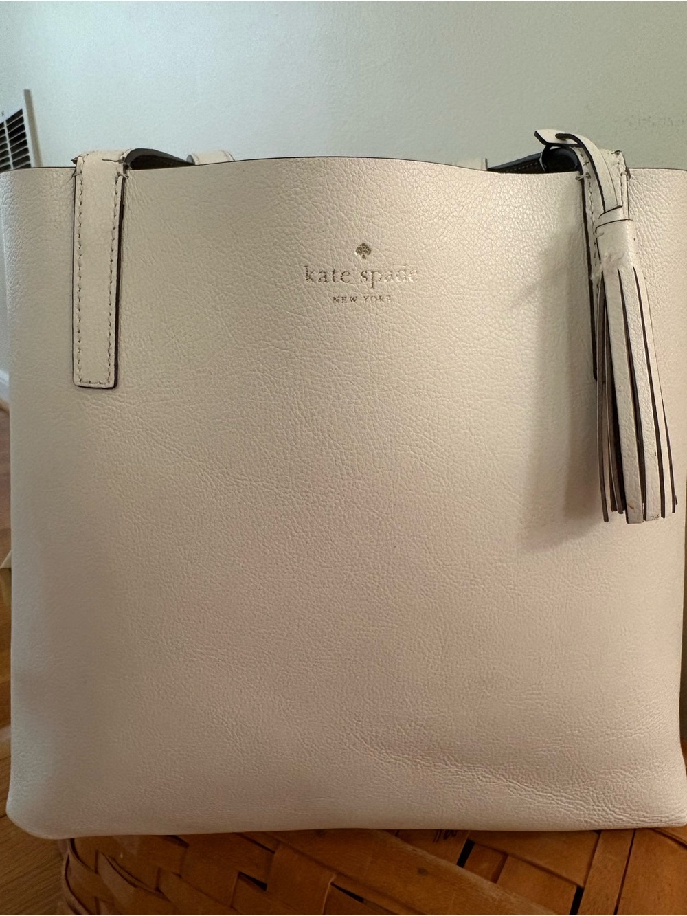 kate spade Reversible Leather Tote Gray Ivory Tassel Large - Picture 7 of 8